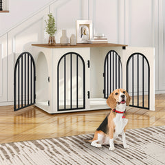 Dog Crate Furniture, 68cm Wooden Dog Crate, Indoor Kennel for Small Dogs, End Side Table Animal Crates, Anti-Chew, Anti-Escape, Arched Door Design, White Brown