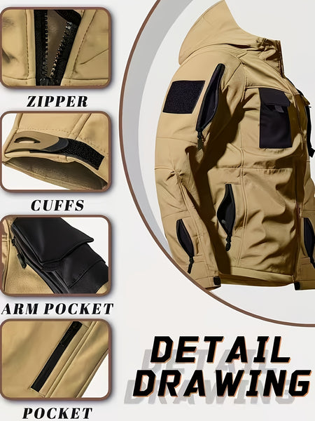 Men'S Fleece Warm Softshell Jacket Outdoor Camping Mountaineering Skiing Hiking Jacket Multi-Pocket Hooded Tactical Coat Autumn And Winter Workwear
