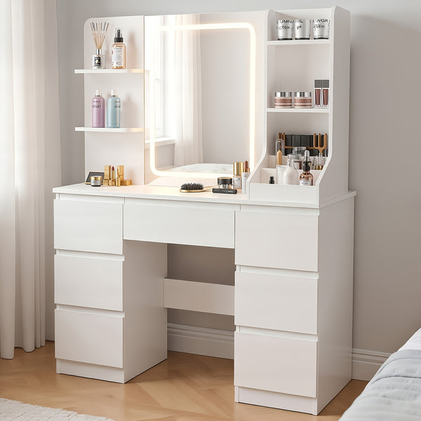 Dressing Table with LED Lights And Adjustable Brightness, Vanity Desk with Mirror, 4 Drawers, 6 Hidden Shelves, And Stool, Makeup Desk for Bedroom, Modern Makeup Table with Mirror And Chair (White)