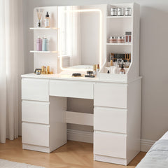 Dressing Table with LED Lights And Adjustable Brightness, Vanity Desk with Mirror, 4 Drawers, 6 Hidden Shelves, And Stool, Makeup Desk for Bedroom, Modern Makeup Table with Mirror And Chair (White)