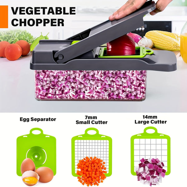 16-In-1 Vegetable Chopper - Multifunctional Manual Food Slicer, Kitchen Vegetable Slicer with Container, Onion, Carrot, Garlic, And Non-Rechargeable Plastic Kitchen Small Tool Set with Drainage Basket
