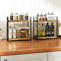 2 Tier Spice Racks Wood & Metal Organiser - Multipurpose Storage Shelf for Coffee Station, Bathroom Vanity, Kitchen Countertop (34x33x17cm) - Rustic British Home Decor