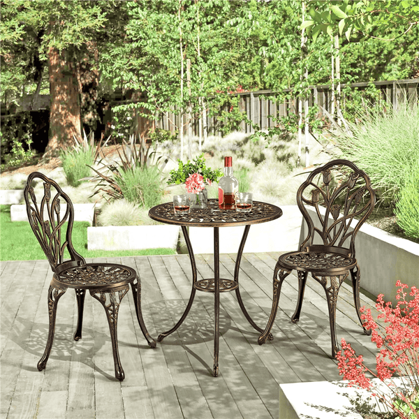 Costoffs 3pcs Patio Bistro Table Set with Umbrella Hole Outdoor Furniture Antique Aluminium Chair Rose Vine Dining Set for Garden Backyard Porch Balcony Lawn Pool
