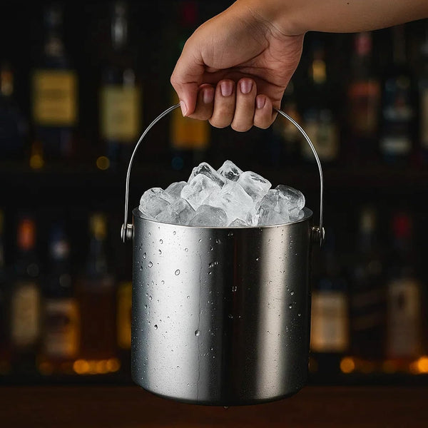 Double-Walled Stainless Steel Ice Bucket with Handle Keeps Cocktails, Beer, Wine Champagne Cold Longer Perfect for Home, Bars, Parties Outdoor Events