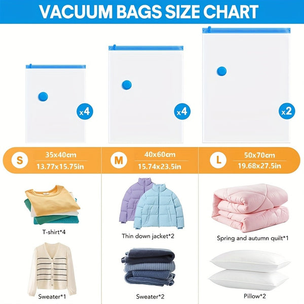 11pcs Vacuum Compression Storage Bags Set with Portable Hand Pump - Large + Medium + Small + Hand Pump - Suitable for Bedding, Clothes, Travel Essentials, Luggage Vacuum Seal Bags, Thickened Material, No Electricity Required