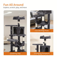 Cat Tree, 112 Cm Multi-Level Plush Cat Condo with 4 Scratching Posts, 2 Perches, Cave, Hammock, Pompoms, Light Grey