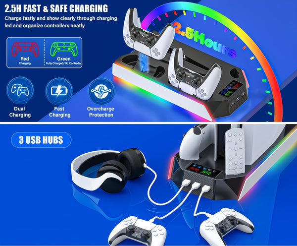 for PS5/Slim/ Pro Stand Disc & Digital Console, RGB Cooling & Charging Station with 3-Level Fan, Controller Charger for PS5 Controller, Accessories with 3 USB Ports/Cooling Fan/Headset Holder