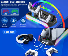 for PS5/Slim/ Pro Stand Disc & Digital Console, RGB Cooling & Charging Station with 3-Level Fan, Controller Charger for PS5 Controller, Accessories with 3 USB Ports/Cooling Fan/Headset Holder