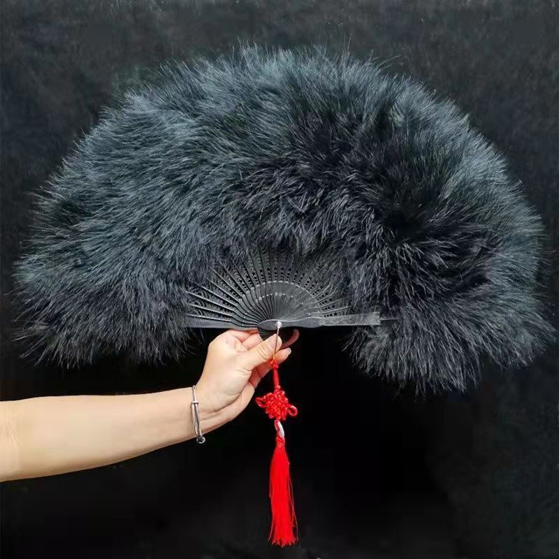 New Feather Folding Fan for Women - Elegant Green Down Feather Hand Fan with Tassel, 30.48cm Compact Foldable Design, 50.8cm Wide for Weddings, Dance, Costume Parties & Special Events, Dance Props, Traditional Costume Fan, Soft Feather Texture