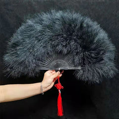 New Feather Folding Fan for Women - Elegant Green Down Feather Hand Fan with Tassel, 30.48cm Compact Foldable Design, 50.8cm Wide for Weddings, Dance, Costume Parties & Special Events, Dance Props, Traditional Costume Fan, Soft Feather Texture