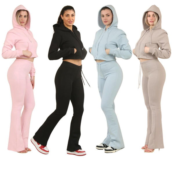 ZIPLORE Women'S Cropped Zip Hoodie and High-Waisted Bell Bottom Trousers Lounge Set for Casual, Athleisure & Streetwear - Suits, Womenswear Long Sleeve Minimalist Suits Womenswear Comfort Adjustable Clothing Drawstring Elegant Everyday Chic Loungewear Mat