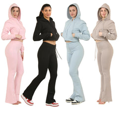 ZIPLORE Women'S Cropped Zip Hoodie and High-Waisted Bell Bottom Trousers Lounge Set for Casual, Athleisure & Streetwear - Suits, Womenswear Long Sleeve Minimalist Suits Womenswear Comfort Adjustable Clothing Drawstring Elegant Everyday Chic Loungewear Mat