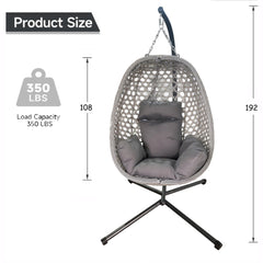 Garden Patio Swing Hanging Chair Hammock With Steel Stand Cushion Rattan Folded Dark Grey