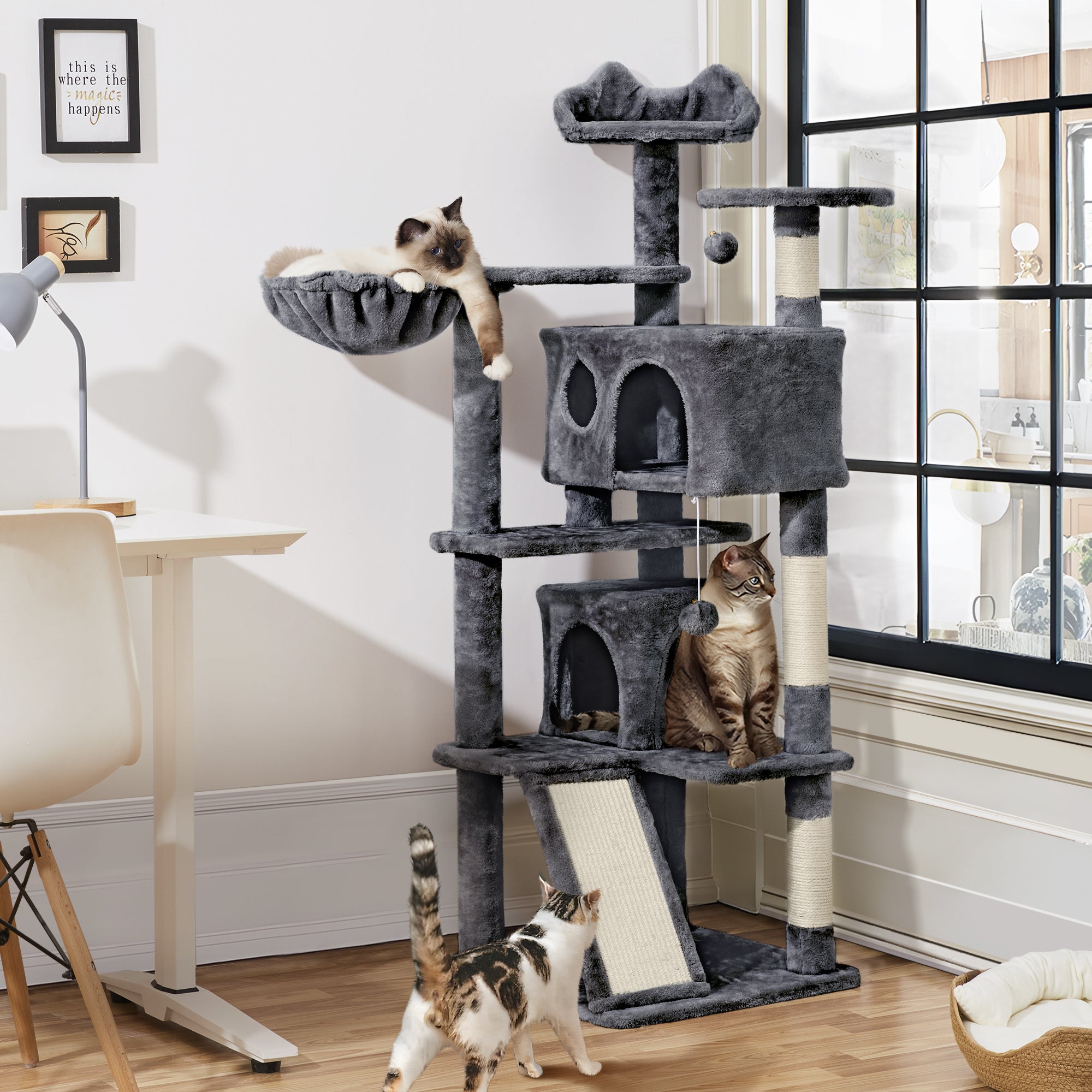 Costoffs Cat Tree, Cat Tree Tower, 145cm Multi-Level Cat Tree Tower with 2 Condos, Dangling Balls, Ladder, Sisal Scratching Posts, Round Platform, Cosy & Stable Indoor Cat Kitten Furniture, Activity Centre, Scratching Tree