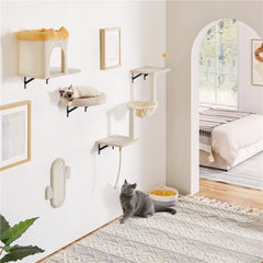 Costoffs Cat Tree Wall-Mounted Cat Furniture, Cat Wall Shelves & Perches, Climbing Shelves, Indoor Cat Tower, Wall-Mounted Cat Climbing Tree Set with Condos, Baskets & Scratching Posts, Space-Saving Cat Wall Furniture for Indoor Cats, Beige/Dark Gray