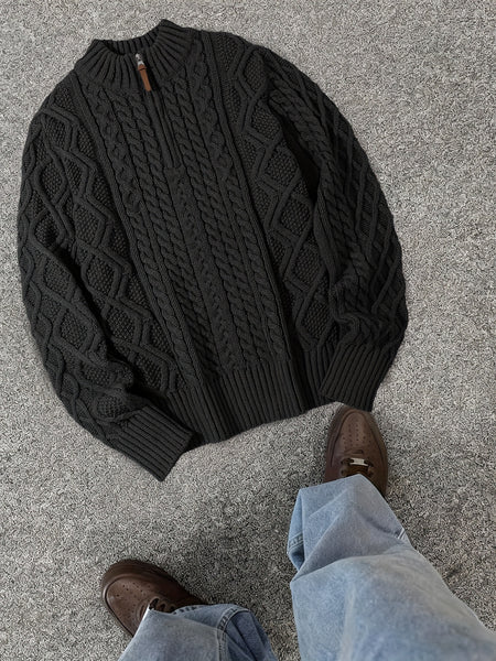 2025 Winter American Stand-Up Collar Half-Zip Knit Aran Sweater Mr. Pony Knitwear Pullover Card