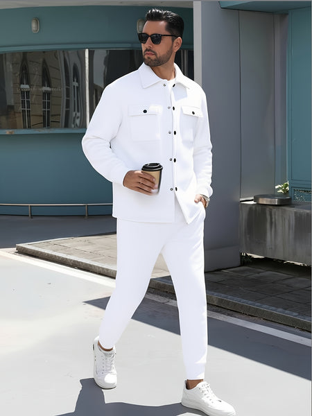 Men'S Fashionable Versatile Lapel Genuine Pocket Outwear Long Sleeve Jacket And Drawstring Solid Color Pocket Pants 2pcs Set