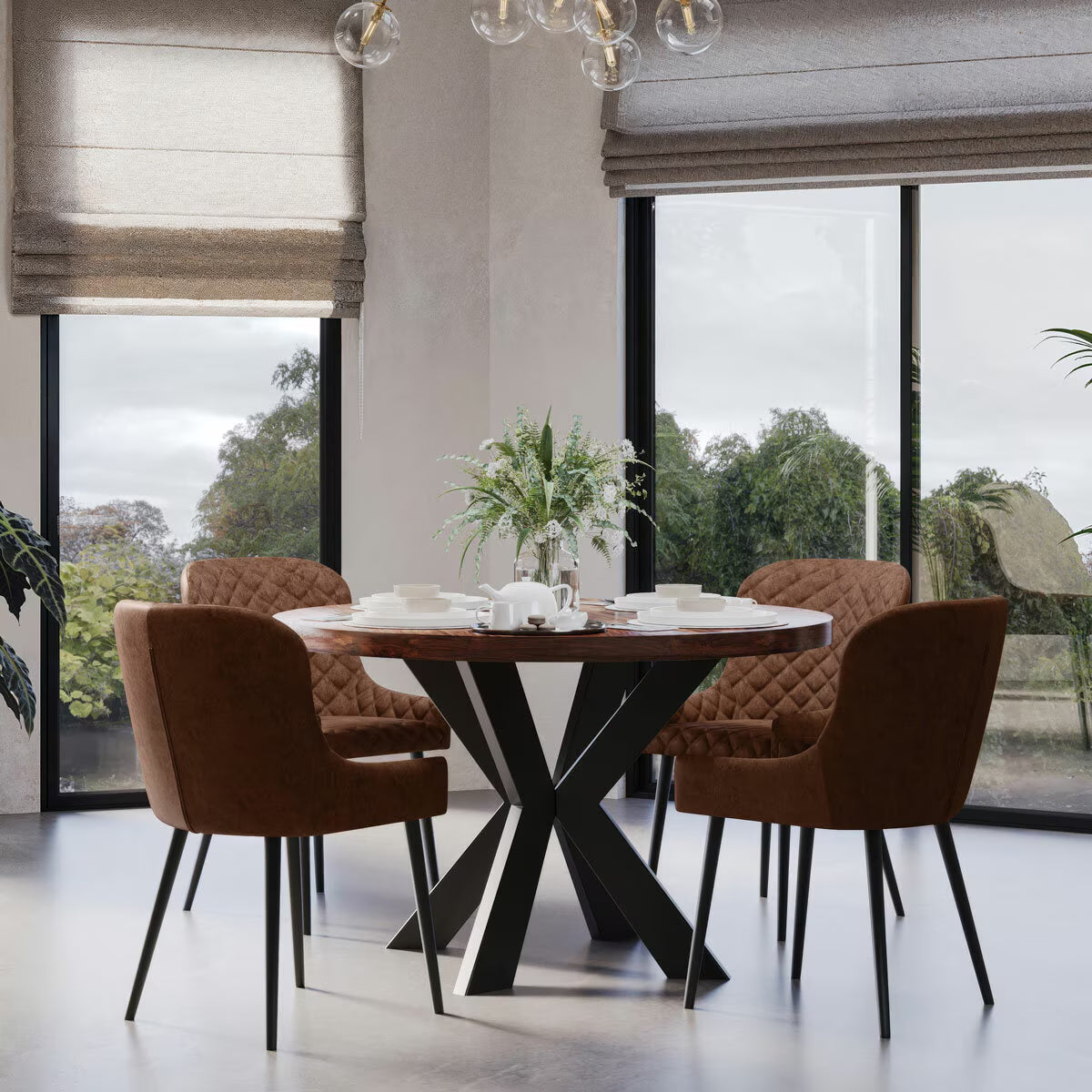 Indus Valley Henley round Wooden Dining Table + 4 Brown Chairs