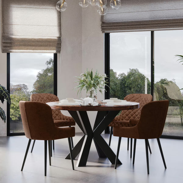 Indus Valley Henley round Wooden Dining Table + 4 Brown Chairs
