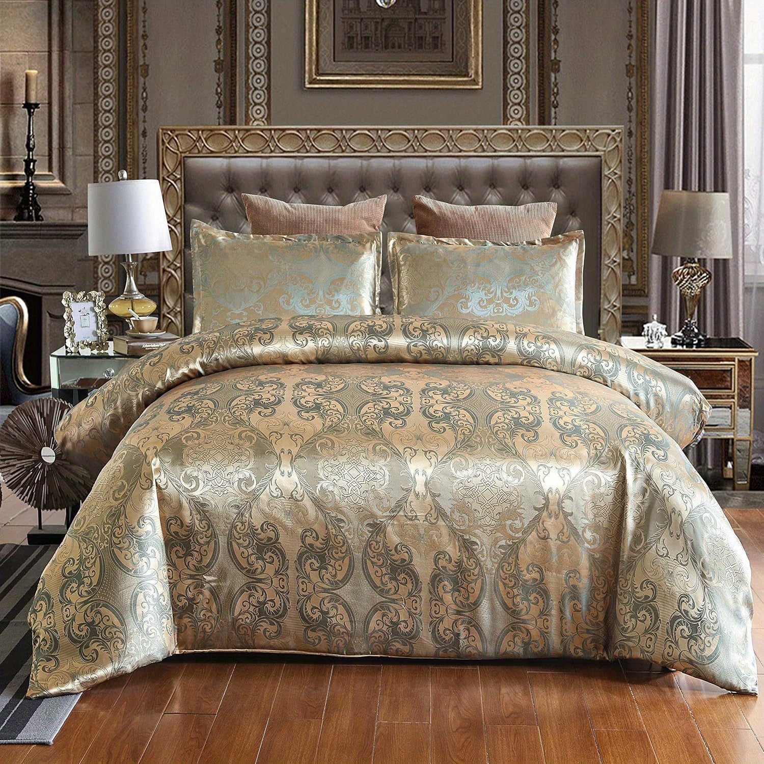 Luxury European Style Satin Jacquard Duvet Cover Three-Piece Set Single/Double/King/Super King Size, Soft Comfortable Floral Pattern Bedding Set, Machine Washable, Zipper Closure, High-Quality Quilt Cover Set for All-season Use, Bedroom, Hotel, Guest Room