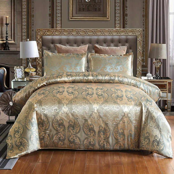 Luxury European Style Satin Jacquard Duvet Cover Three-Piece Set Single/Double/King/Super King Size, Soft Comfortable Floral Pattern Bedding Set, Machine Washable, Zipper Closure, High-Quality Quilt Cover Set for All-season Use, Bedroom, Hotel, Guest Room