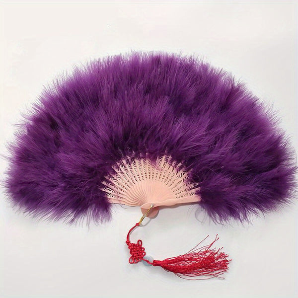 New Feather Folding Fan for Women - Elegant Green Down Feather Hand Fan with Tassel, 30.48cm Compact Foldable Design, 50.8cm Wide for Weddings, Dance, Costume Parties & Special Events, Dance Props, Traditional Costume Fan, Soft Feather Texture