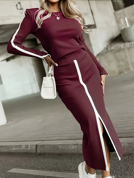 Ladies' Solid-color Slit 2pcs Dress Set ( Style) - This Sleeveless, Fitted Design with a High-waist Slit and Textured Is Perfect for Autumn and Winter, and Is an Excellent Choice for Office Casual Wear.