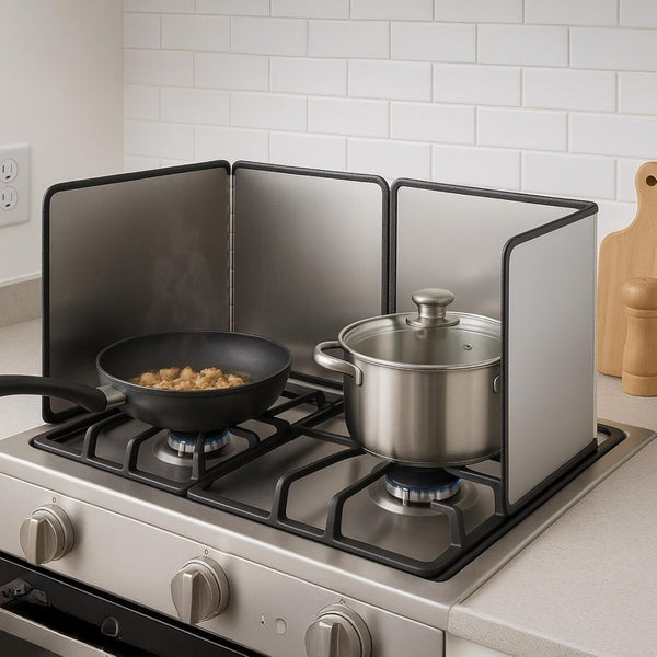 1pc Heat-Resistant Stainless Steel Stove Splash Guard - Nonstick Oil Baffle Plate with Thermal Insulation, Splatter Shield & Covered Edges for Safe Cooking, Durable & Easy Clean - Perfect Kitchen Gift for Home Chefs, Sleek Metallic Finish | Easyclean Surf