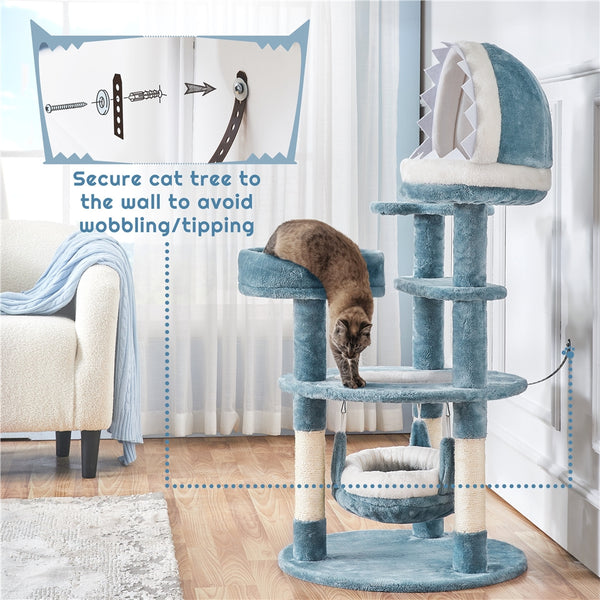 115cm Cat Tree, Tall Ocean-themed Cat Tree, Multi-Level Cat Climbing Tree, Plush Cat Tower with 3 Sisal Scratching Posts, Round Entrance, 3 Perches, Hammock, Cat Tower for Small- to Medium-sized Cats Blue / White
