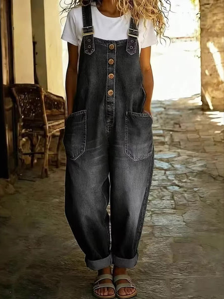 2026 New Women'S Retro Summer Clothing, Denim Dungarees Jumpsuit with Pockets, Wide-Leg Pants, Straight-Leg Trousers, Jeans, Fashion Versatile Outfits for Lady, Suit for Spring/Summer/Autumn, Loose Fit, Perfect for Casual Occasions/Commute