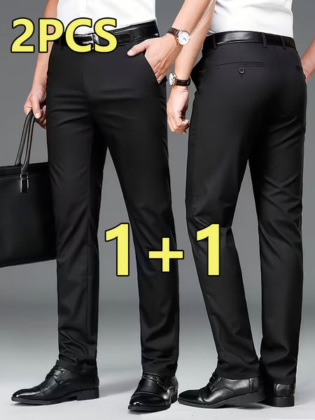 2pcs Men's Professional Business Dress Pants, Office Trousers with Stretch, Versatile Black Straight-Leg Casual Pants for Work