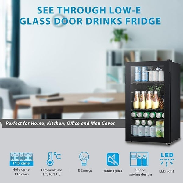 Midea COMFEE' Under Counter Drinks Fridge - 93L Capacity, Holds Up To 115 Cans, Precision Cooling (2℃ To 15℃), Full-Length Low-E Glass Door, Removable Shelves, LED Light, Low Noise [Energy Class E] - Essential for Home Kitchens & Dorms