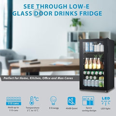 Midea COMFEE' Under Counter Drinks Fridge - 93L Capacity, Holds Up To 115 Cans, Precision Cooling (2℃ To 15℃), Full-Length Low-E Glass Door, Removable Shelves, LED Light, Low Noise [Energy Class E] - Essential for Home Kitchens & Dorms