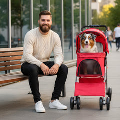 Foldable Pet Stroller With Rain Cover, Portable Foldable Outdoor Walking Cart with Large Space, Hand-Pull Design, Durable Oxford Fabric, Ergonomic Handle & Ventilation Mesh, Lightweight & Sturdy Frame For Small To Medium Dogs - Outdoor Pet Carrier, Modern