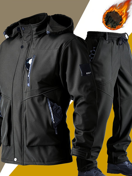 Men's Casual  Set: Warm Fleece-Lined Jacket & Cargo Pants with Zipper Hood - Durable Polyester, Multiple Pockets, Ideal for  & Camping