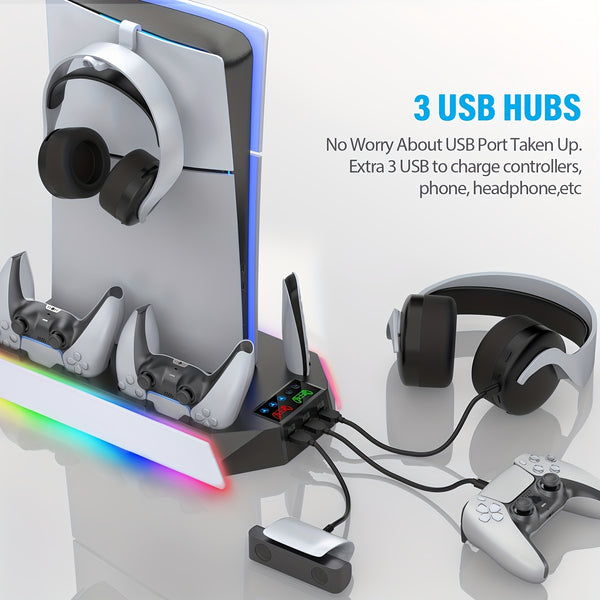 for PS5/Slim/ Pro Stand Disc & Digital Console, RGB Cooling & Charging Station with 3-Level Fan, Controller Charger for PS5 Controller, Accessories with 3 USB Ports/Cooling Fan/Headset Holder