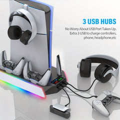 for PS5/Slim/ Pro Stand Disc & Digital Console, RGB Cooling & Charging Station with 3-Level Fan, Controller Charger for PS5 Controller, Accessories with 3 USB Ports/Cooling Fan/Headset Holder
