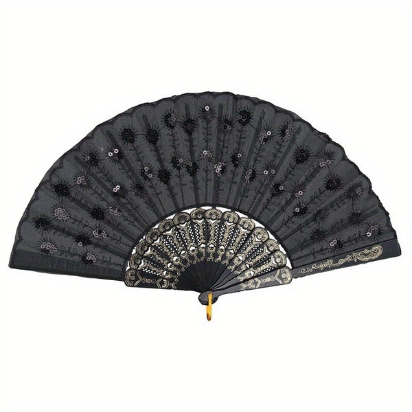 1/ 2pcs Vintage Embroidered Sequins Hand Fan Folding Handheld Fan, for Wedding Party Dance Group Events