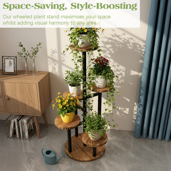 1 6-Tier Plant Stand with Wide Tray & Corner Pot Holder - Heavy-Duty Wood & Iron Multi-Tier Flower Display Shelf Suitable for /Outdoor Use, Space-Saving Step Shelves with Plant Display (Balcony,,)
