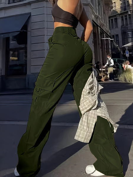 Flap Pocket Solid Color Cargo Pants, Y2K Slant Pocket Button Front Every Day Pants, Women's Clothing