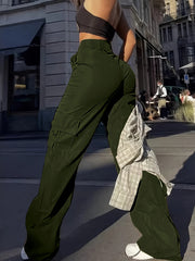 Flap Pocket Solid Color Cargo Pants, Y2K Slant Pocket Button Front Every Day Pants, Women's Clothing