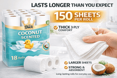 18 Rolls Toilet Paper – Coconut Scented Bulk Pack – Soft & Strong 3 Ply – Fresh & Long Lasting