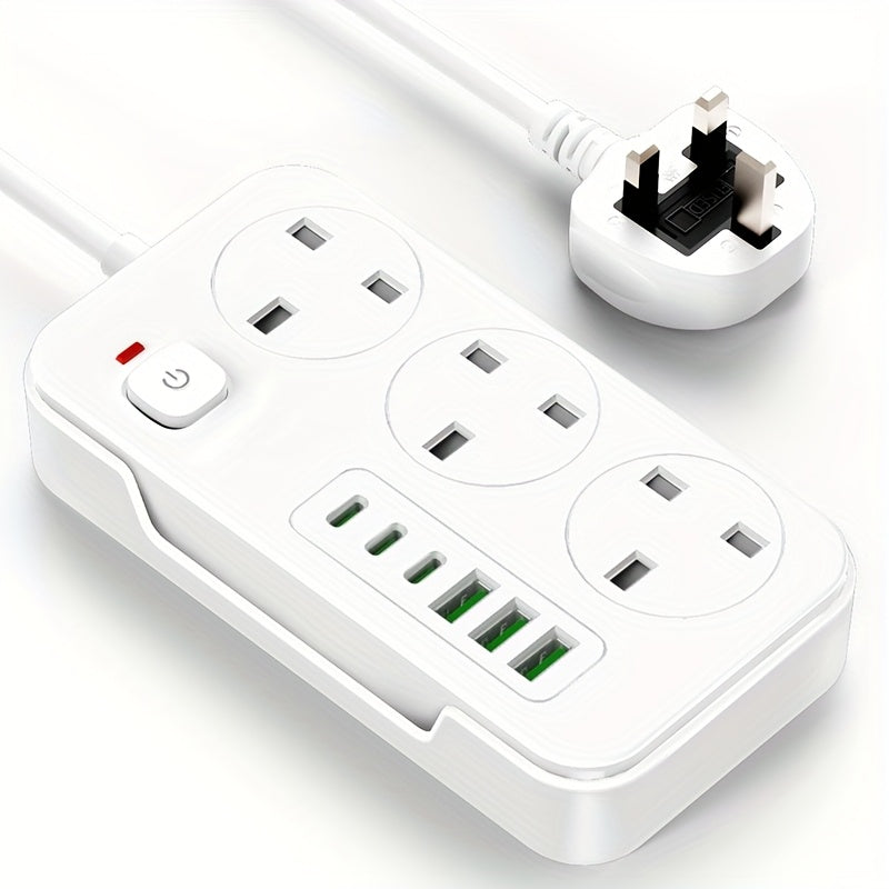 3-outlet Power Strip/ Power Socket/ Extension Cord with 3 USB-A And 3 USB-C Ports, Compatible with 220V-240V, 1.8m Cable, UK Plug, Suitable for Home, Kitchen, Outdoor, Hotel, Office, Cruise Vacation.