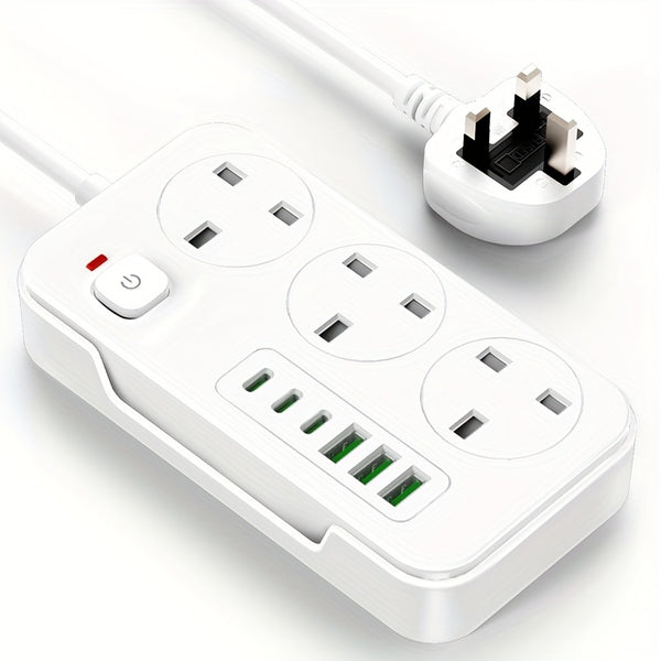 3-outlet Power Strip/ Power Socket/ Extension Cord with 3 USB-A And 3 USB-C Ports, Compatible with 220V-240V, 1.8m Cable, UK Plug, Suitable for Home, Kitchen, Outdoor, Hotel, Office, Cruise Vacation.