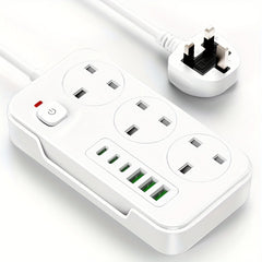 3-outlet Power Strip/ Power Socket/ Extension Cord with 3 USB-A And 3 USB-C Ports, Compatible with 220V-240V, 1.8m Cable, UK Plug, Suitable for Home, Kitchen, Outdoor, Hotel, Office, Cruise Vacation.