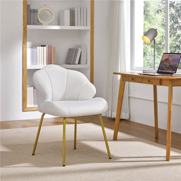 Costoffs Velvet Accent Chair Modern Side Chair Vanity Chair Leisure Chair with Shell-shaped Backrest and Golden Metal Legs, Versatile Use Lounge Chair for Living Room/Bedroom/Home Office/Kitchen, White/Pink