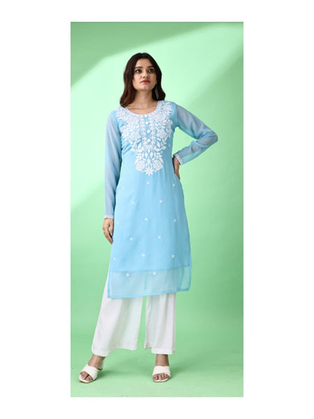 Estationeryhouse Women's Georgette Lucknowi chikankari kurti, Rose Design with Heavy Embroidery, Without Bottom