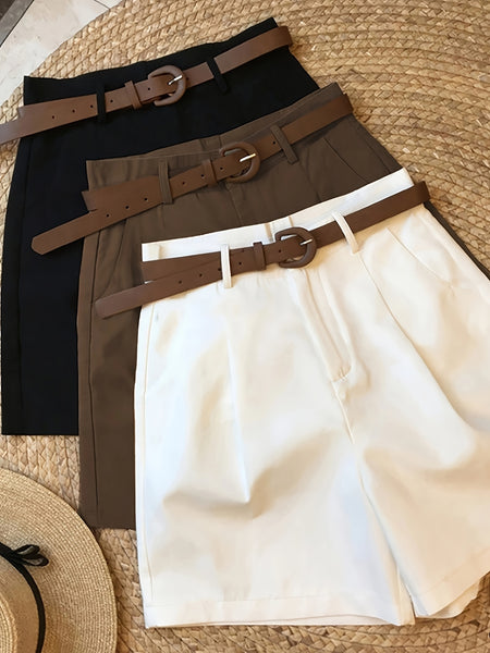 Elegant Women'S Three-Piece Set, Solid Color Shorts with Zipper Pockets, Four Seasons Casual Formal Wear, Beige, Black, Brown, Comfortable Fabric