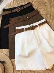 Elegant Women'S Three-Piece Set, Solid Color Shorts with Zipper Pockets, Four Seasons Casual Formal Wear, Beige, Black, Brown, Comfortable Fabric