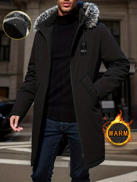 Men'S Mid-Length Oversized Hooded Jacket - Thick Fleece-Lined Full Zip Cardigan, with Drawstring Hood, Suitable for Cold Weather - Casual And Formal Outerwear, European And American Style, Perfect for Winter Layering